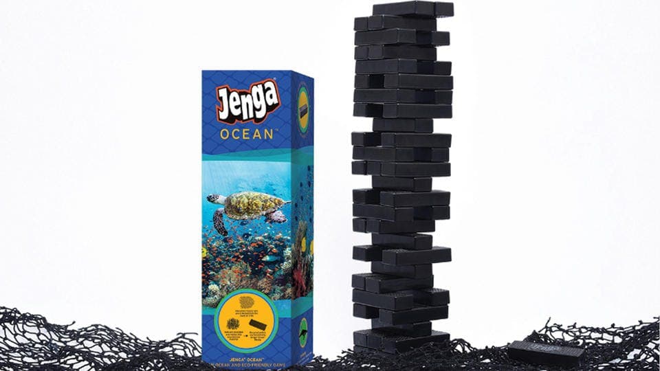 jenga game made from recycled ocean plastic