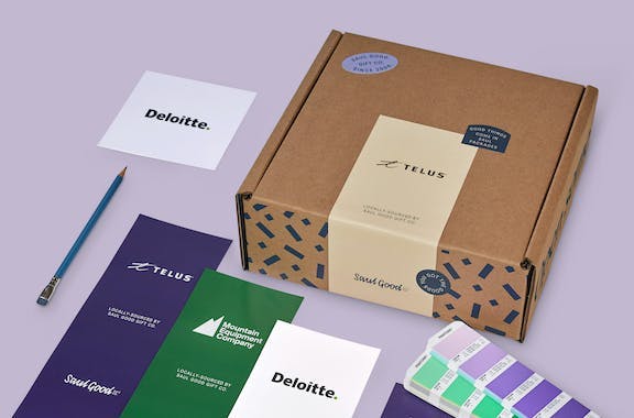 Branded gift boxes and branded greeting cards showing examples from corporate gift programs