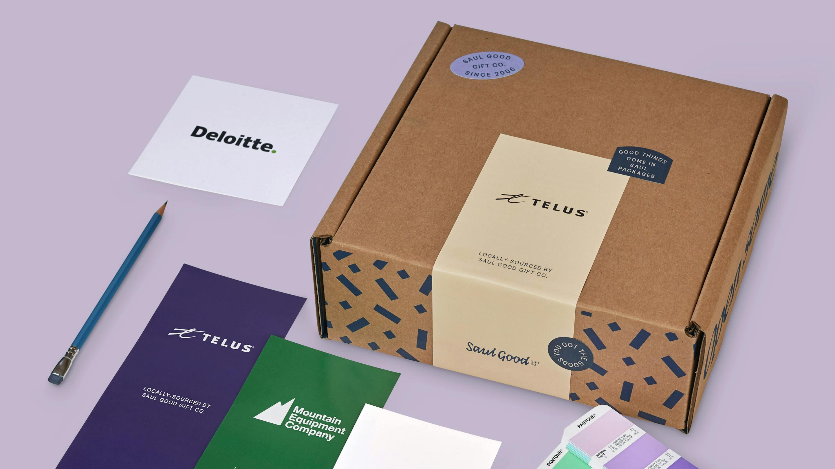 Branded gift boxes and branded greeting cards showing examples from corporate gift programs